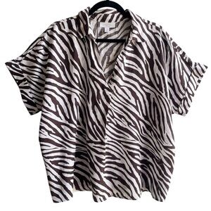Charter Club Luxury Linen Zebra Animal Print Safari Collared Popover Top Size XL